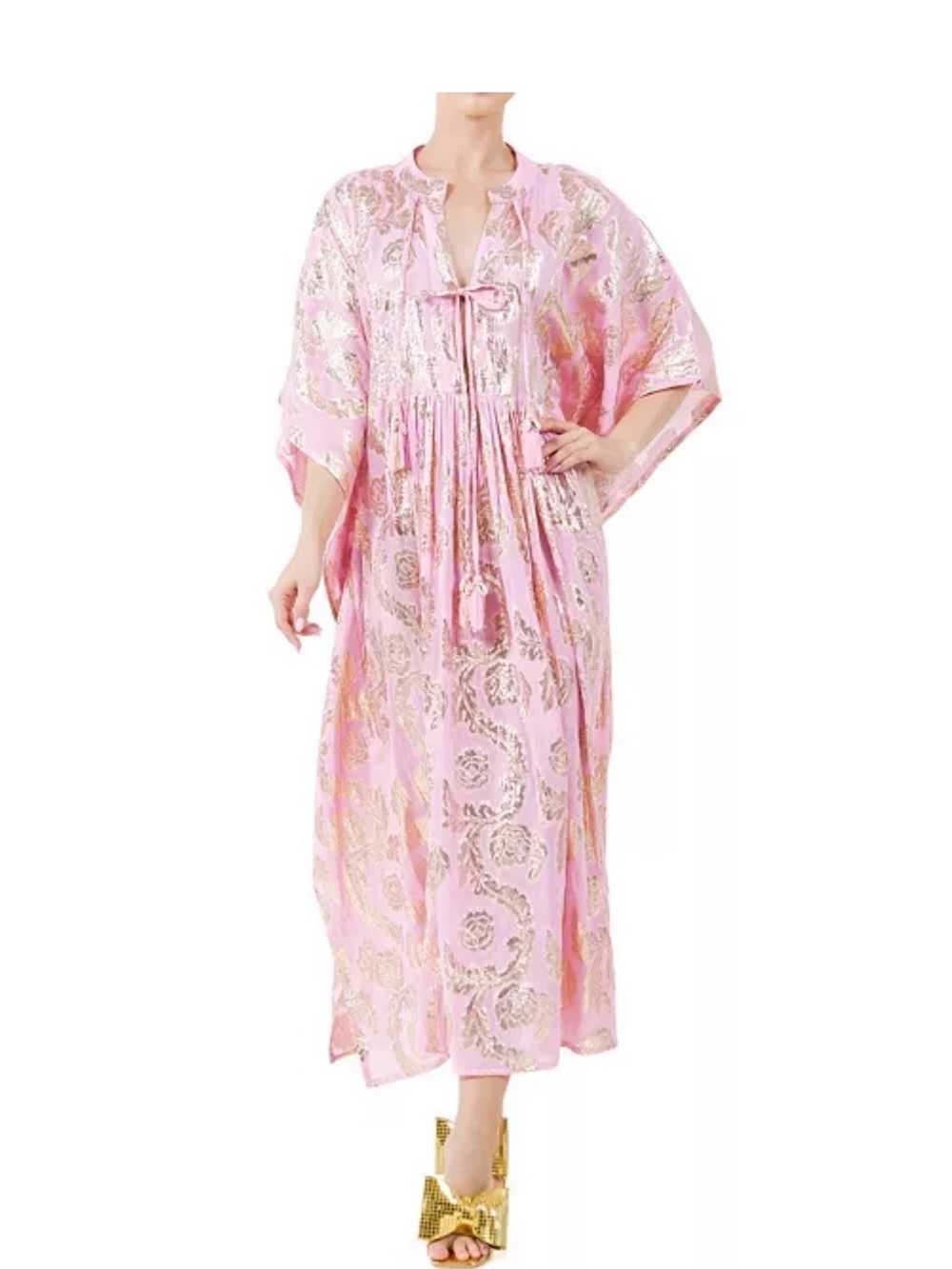 Meghan Fabulous Pink Metallic Foil Kaftan Maxi Dress